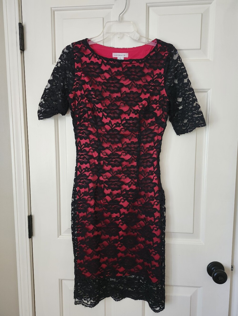 Liz Claiborne Black Lace Overlay Midi Dress with Red Lining
